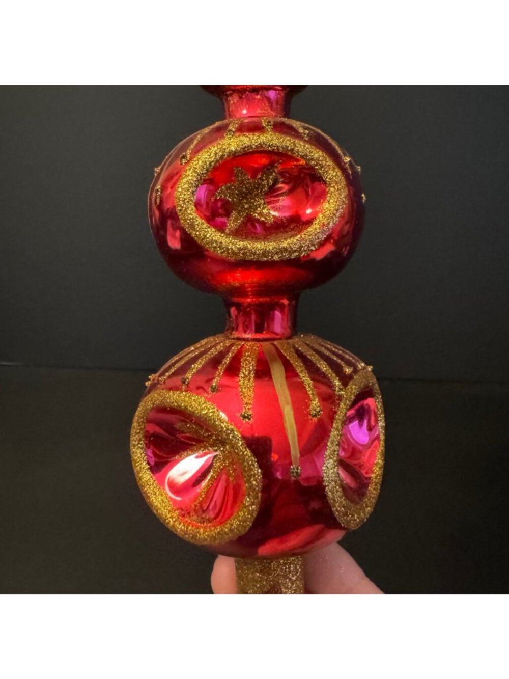 VTG Pink & Gold Glass Christmas Tree Topper Glitter Accents Double Indent Ball - Picture 5 of 16